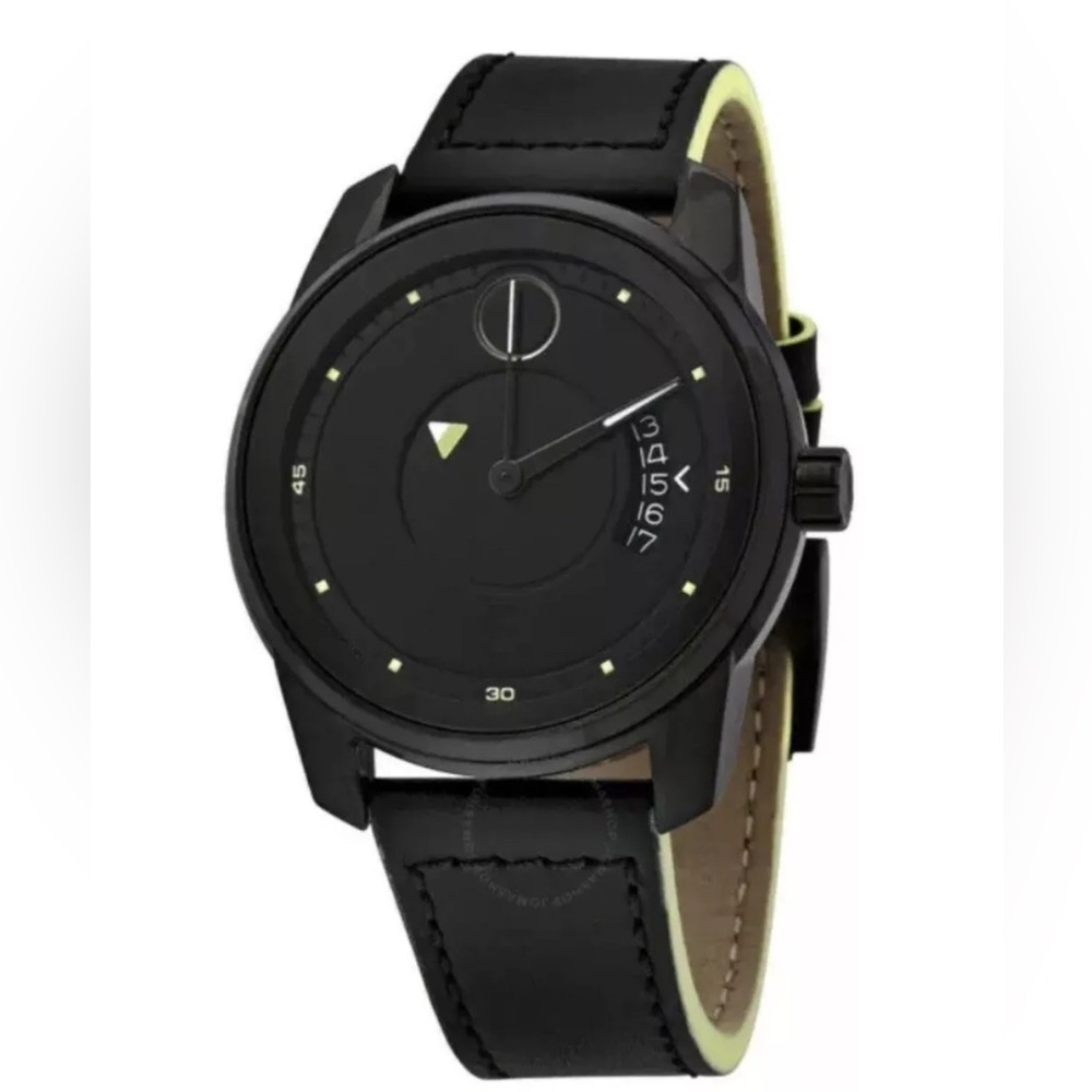 New Movado Bold Men’s Verso Black Dial Black Leather Strap Watch 3600696